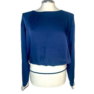 Theory 100% Silk Round Neck Long Sleeve Midnight Cobalt Blue Blouse Size L